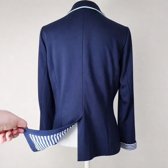 NWT Yumi Navy Blazer Mint Piping Preppy Nautical Striped Tailored Jacket US10/12 - Picture 6 of 11